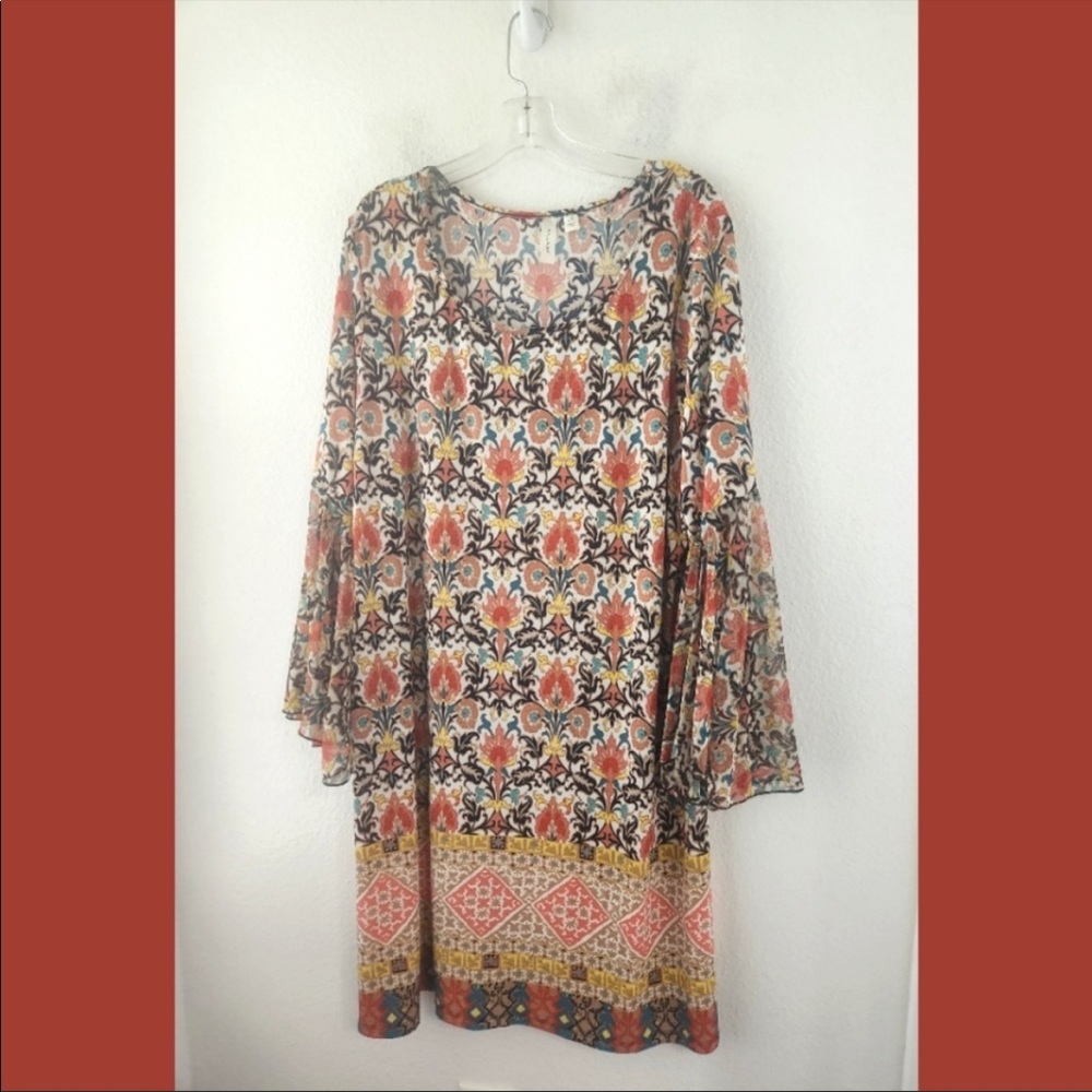 Tacera Split Bell Sleeve Round Neck Print Dress Sz 2X